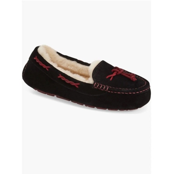 UGG Brett Moccasin Slippers Women's Sz 10 Black Faux Fur Lined Slip On - Picture 2 of 7